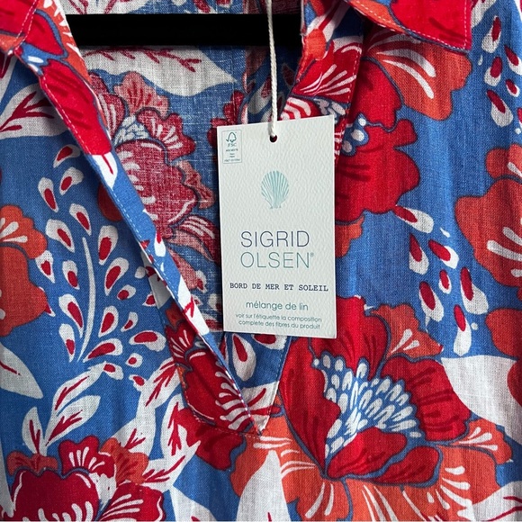 NWT Sigrid Olsen Linen Blend Floral Maxi Dress Blue Orange Red Size Small - Picture 3 of 9
